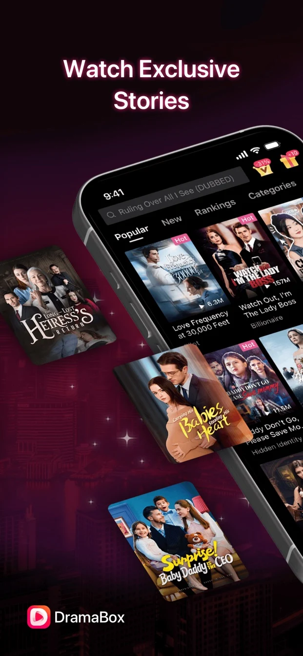 DramaBox's current United States App Store preview places a portrait phone catalog beside several short-drama title cards.