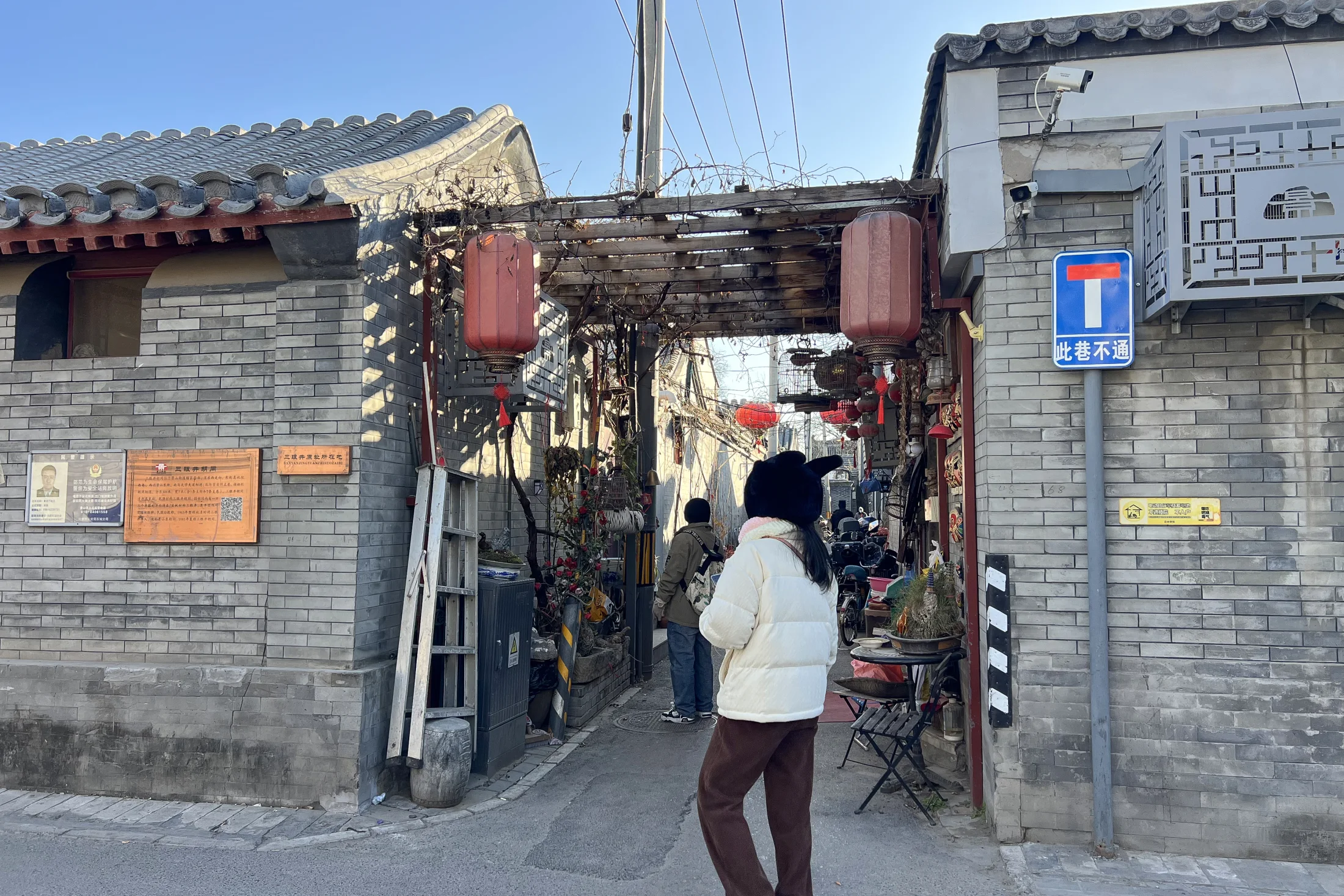People enter a narrow hutong between grey-brick walls, overhead vines and shop objects on a clear winter afternoon.