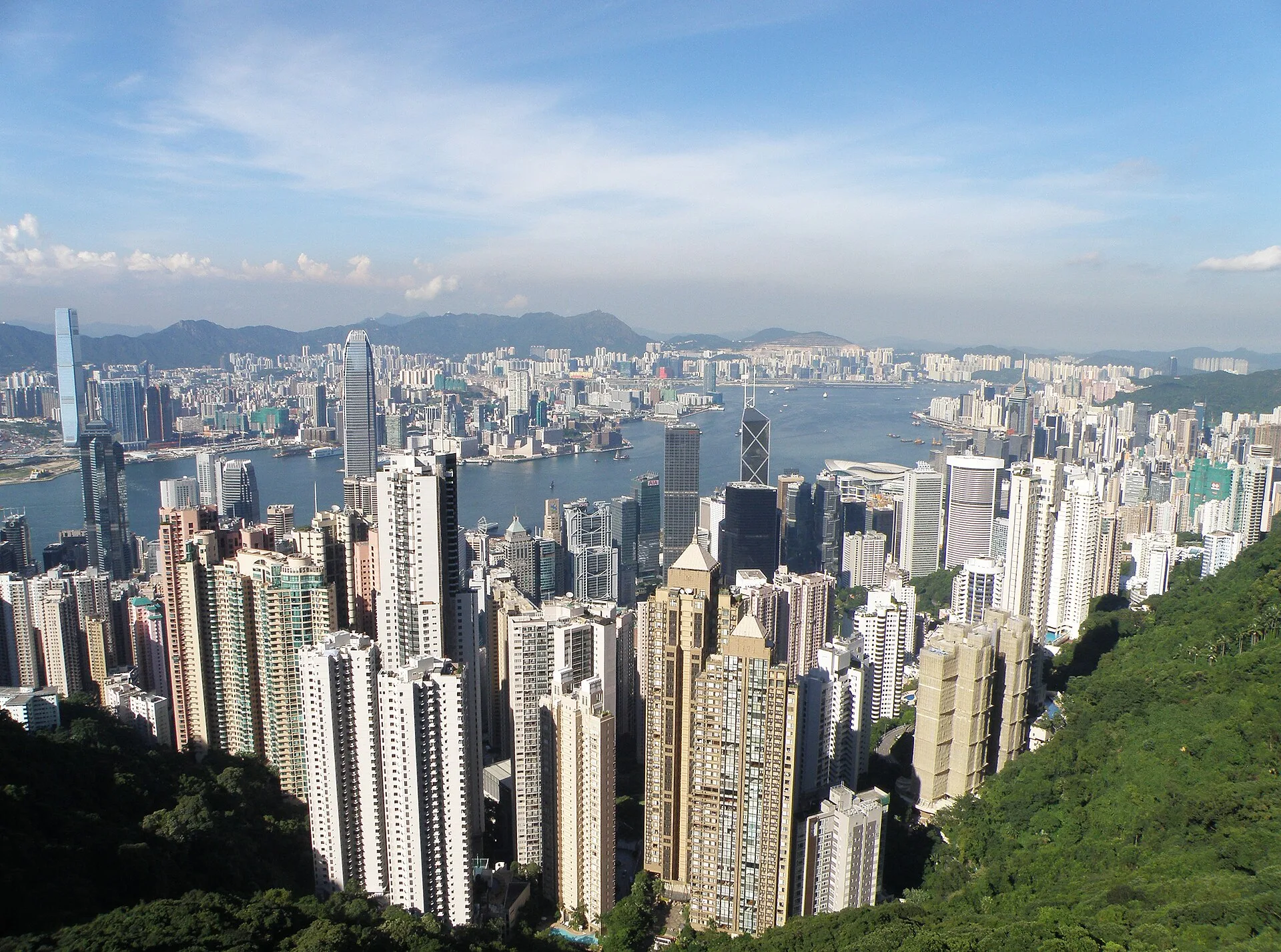 Hong Kong Island, Victoria Harbour and Kowloon fill a clear daytime view from Victoria Peak, with dense towers framed by green hills.