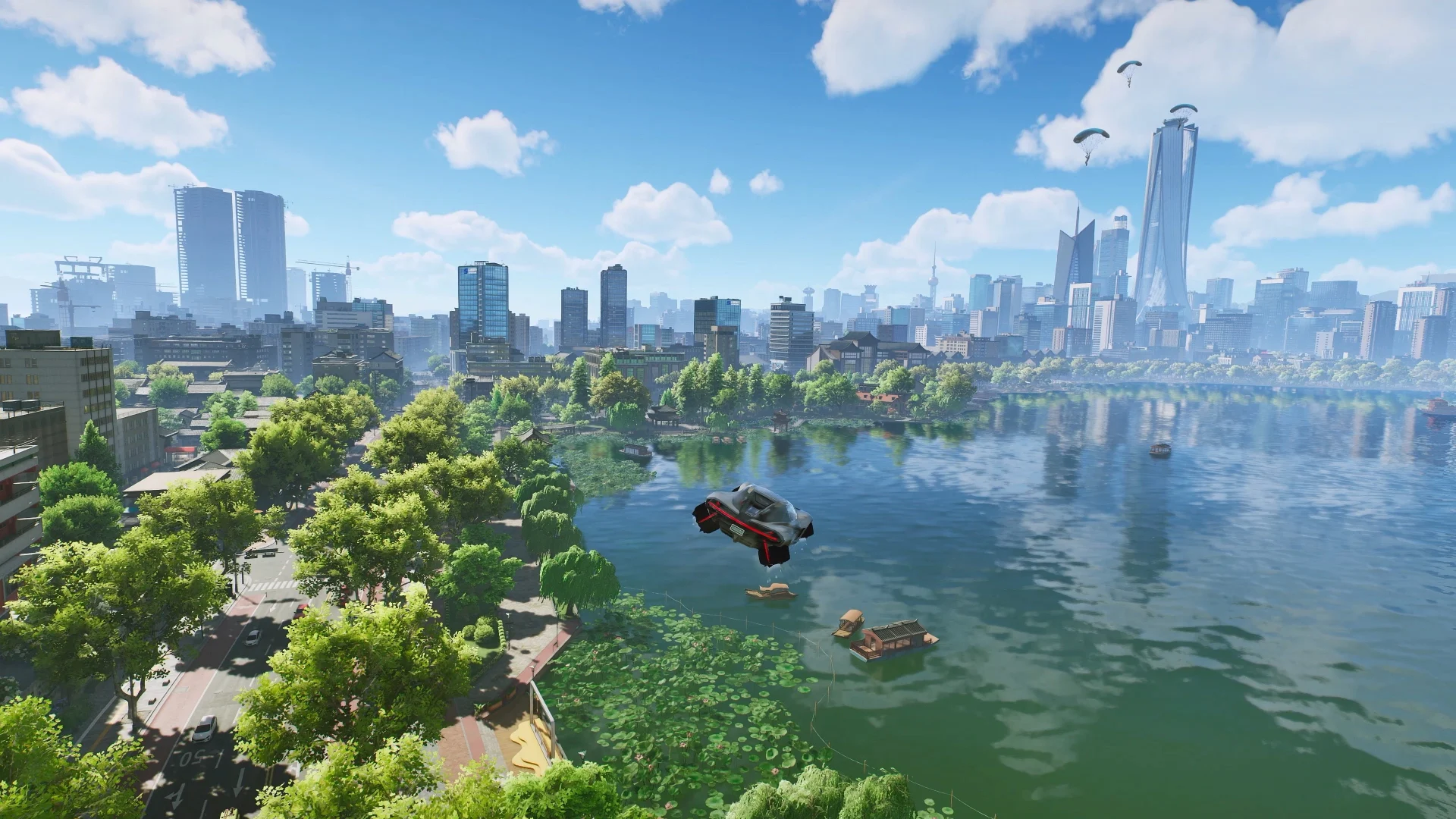 A flying car crosses a broad lake in Ananta with trees, traditional roofs, rail lines and a modern skyline around the water.