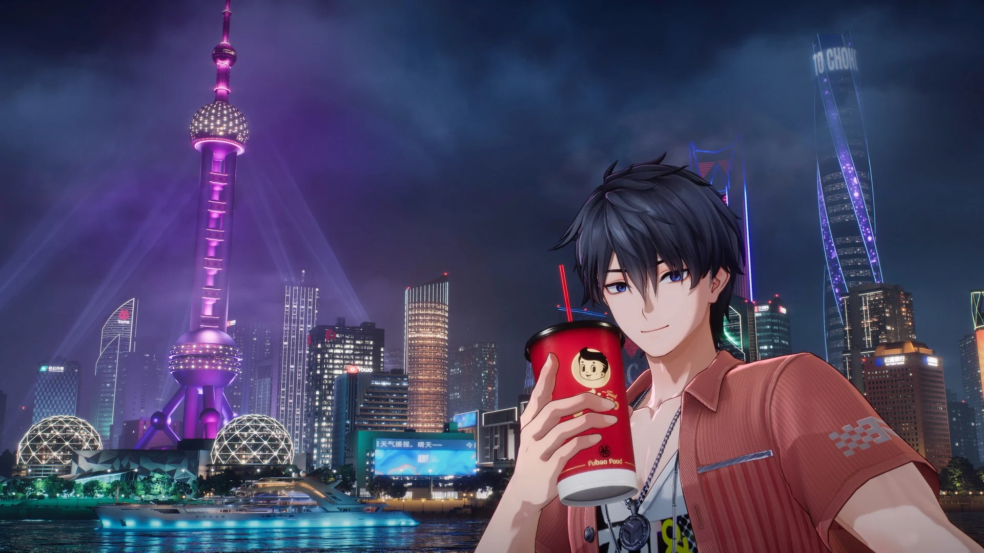 An Ananta character holds a drink before Chongxiao's night skyline, whose fictional towers echo Shanghai's Lujiazui waterfront.