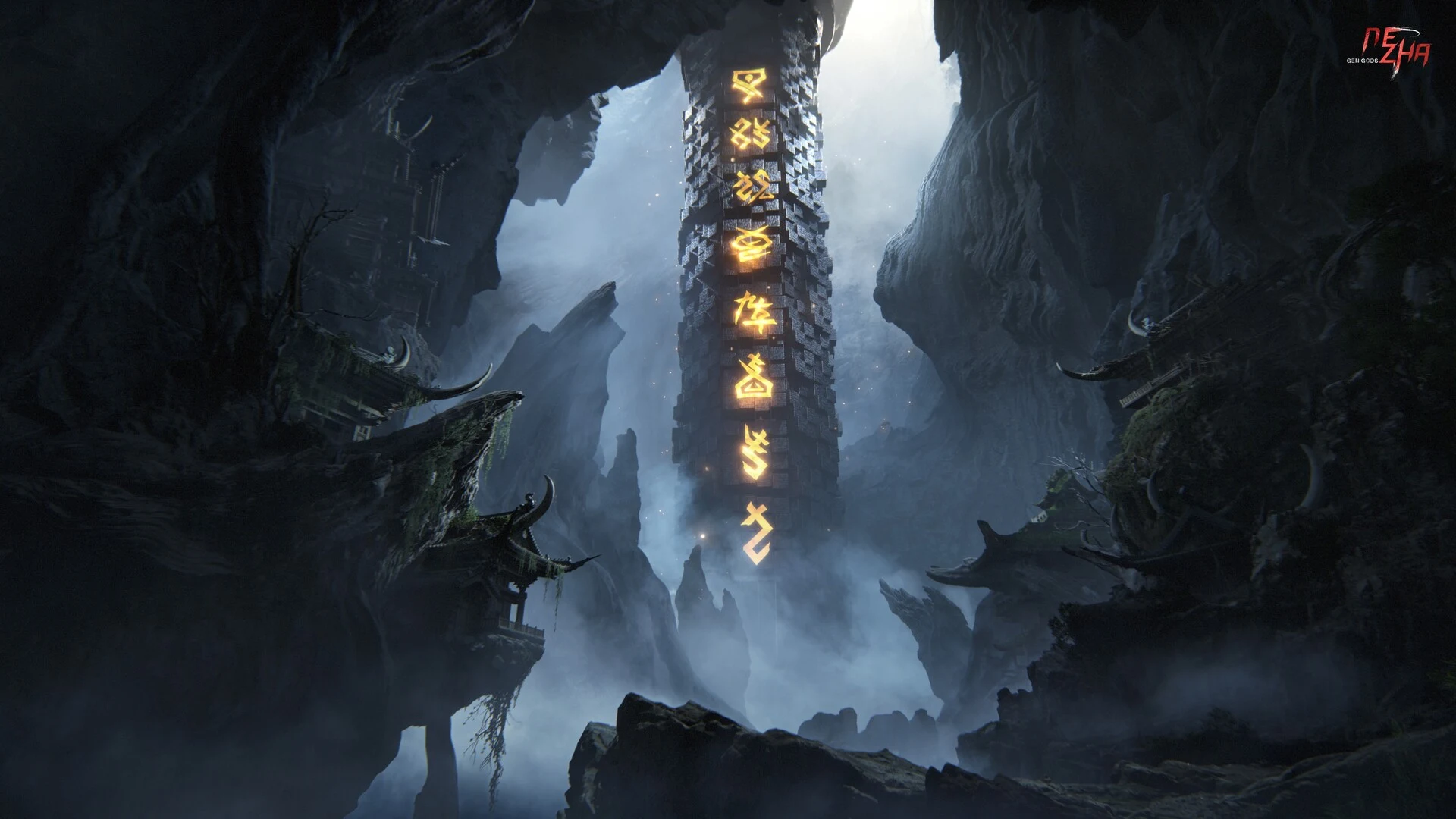 A luminous inscribed pillar rises through a mist-filled mountain chasm in an official Genigods: Nezha Steam image.