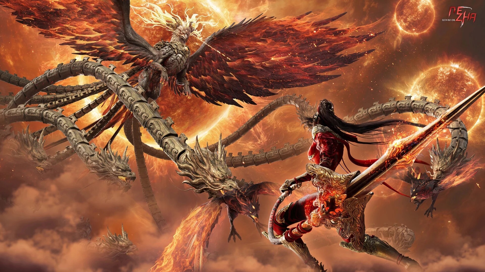 Nezha faces winged colossal beings and multiple blazing suns in an official Genigods: Nezha Steam image.