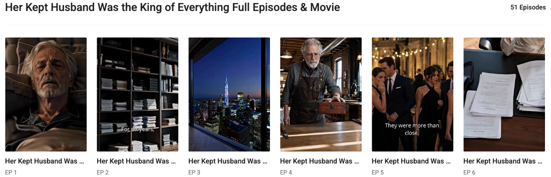 GoodShort's public title catalog names Her Kept Husband Was the King of Everything, states 51 Episodes, and shows official episode links.