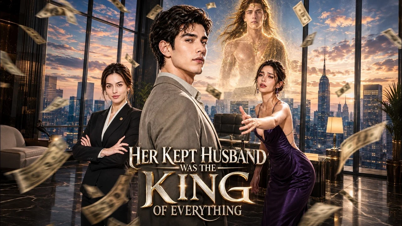 GoodShort's official artwork for Her Kept Husband Was the King of Everything shows Evren, Layla and a glowing genie figure above a city office at sunset.