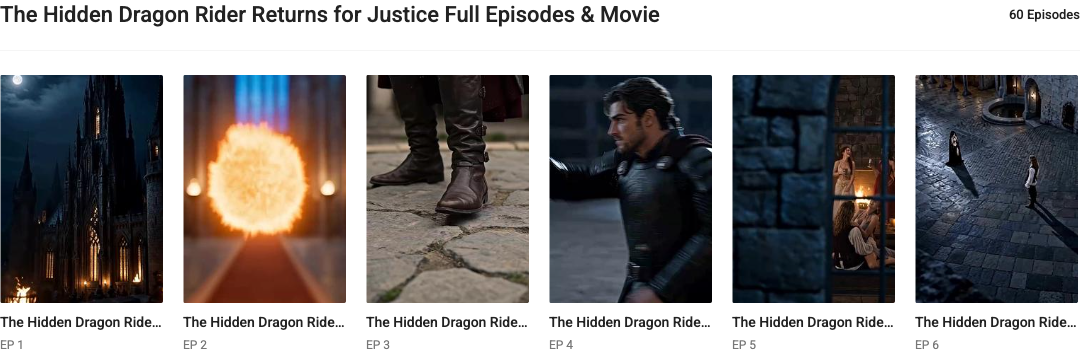 GoodShort's public title catalog names The Hidden Dragon Rider Returns for Justice, states 60 Episodes, and shows official episode links.