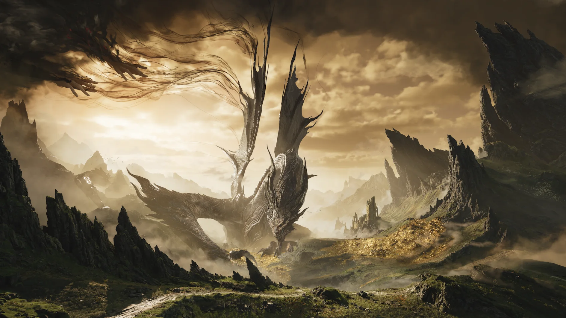 A colossal dark-winged creature rises over a gold-lit mythic valley in an official Nodusfall reveal scene.
