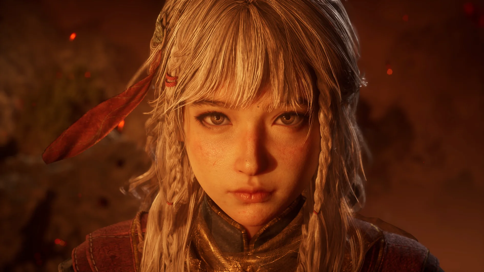 A young silver-haired Weaver looks forward in warm firelight in an official Nodusfall cinematic still.