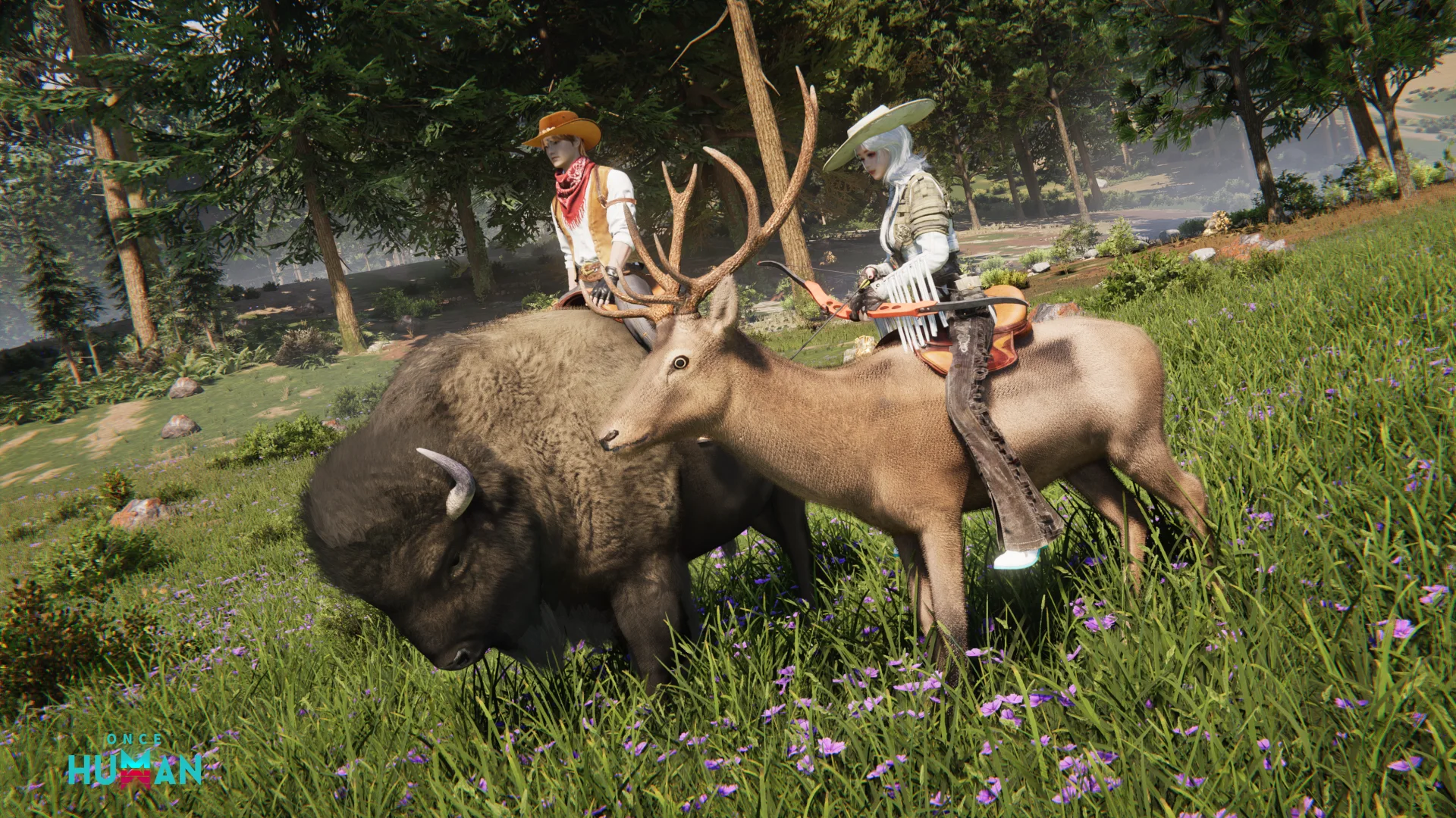 Two Once Human characters ride a buffalo and a deer in an official Version 3.0.6 Beast Riding image.