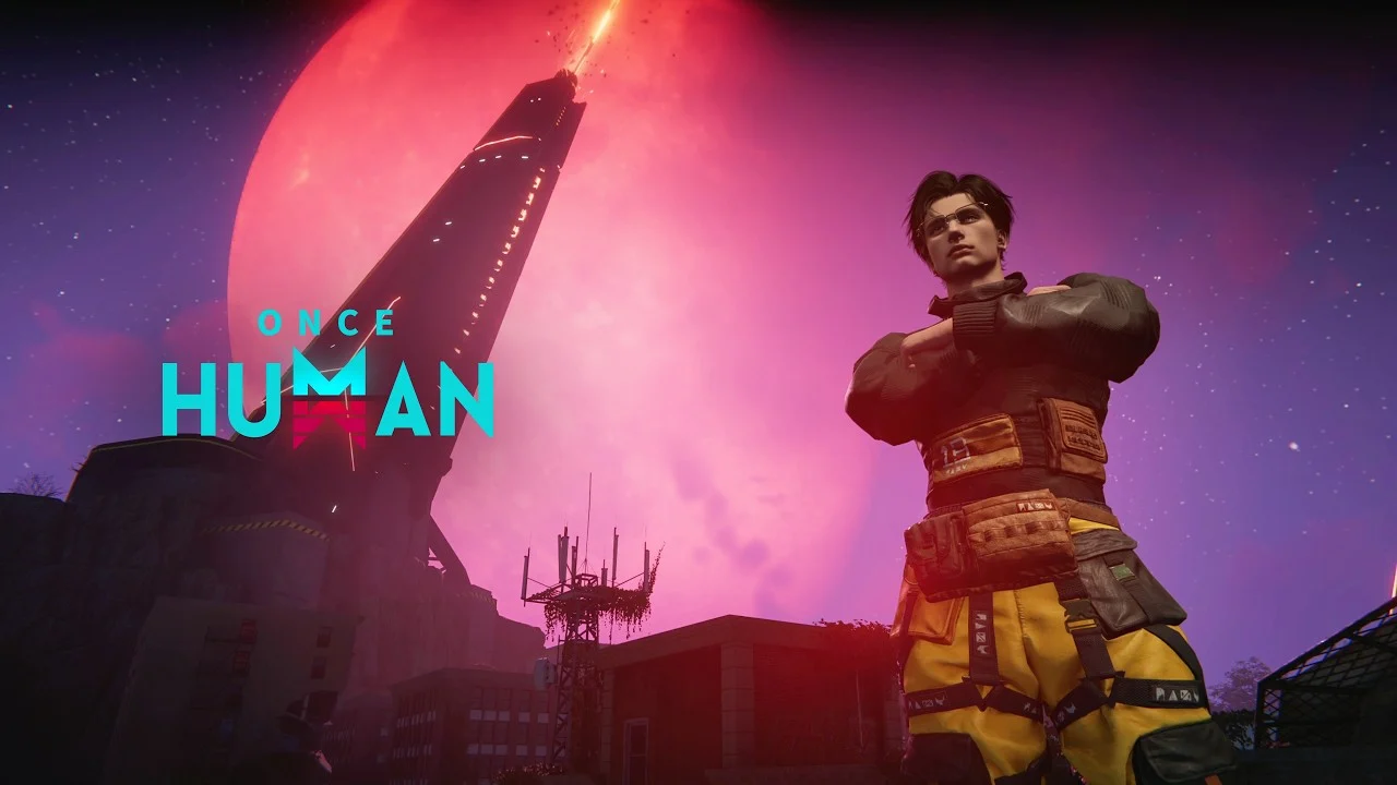 A Once Human character stands before a bright red moon and a tilted tower in current official console producer footage.