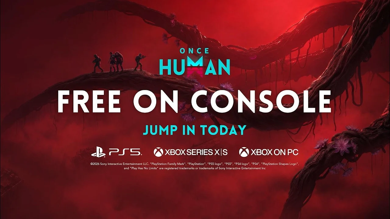Once Human's official launch artwork says Free on Console above PS5 and Xbox Series logos in a vivid red alien landscape.