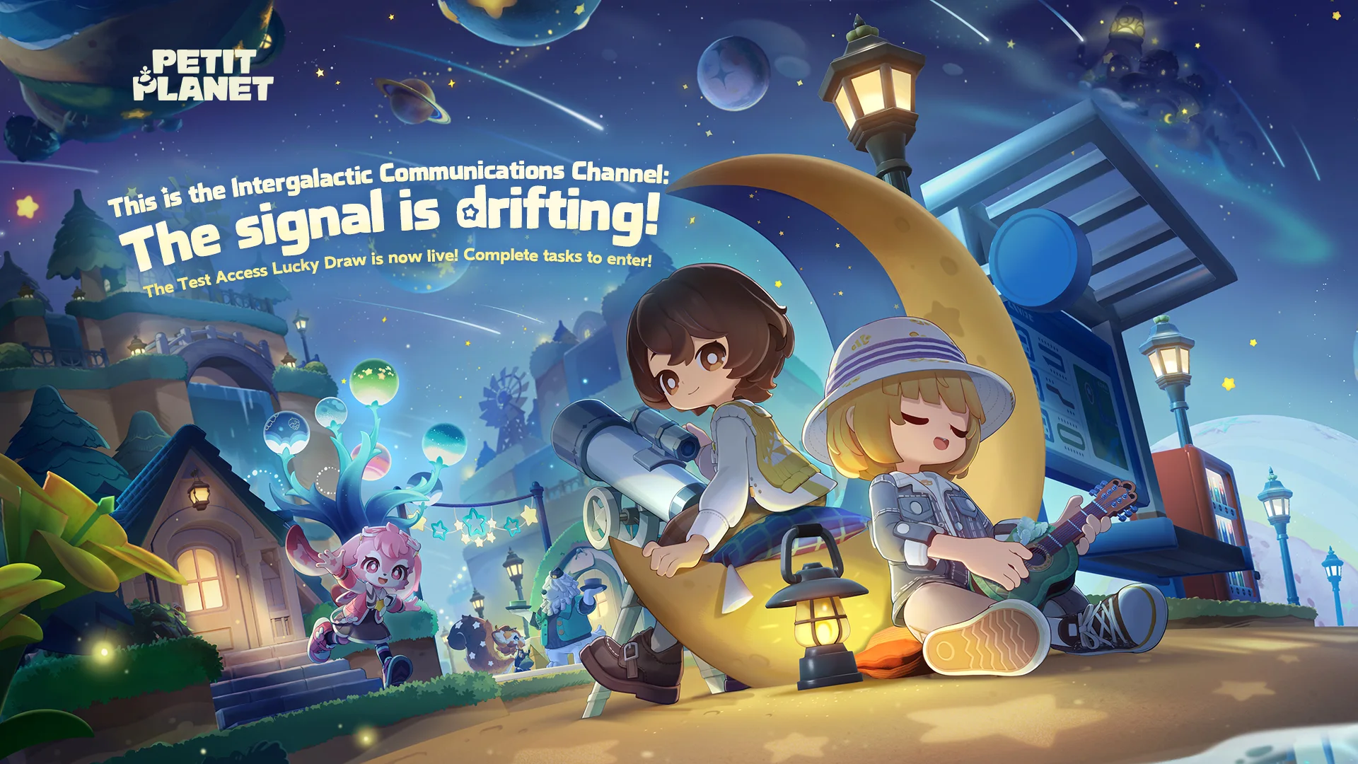 Petit Planet residents sit beneath a crescent moon in a colorful official final-beta campaign scene.
