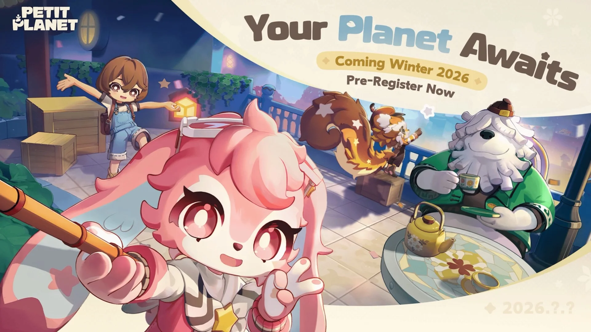 Petit Planet's current English release art shows a pink Neighbor taking a selfie beside residents under the words Coming Winter 2026.