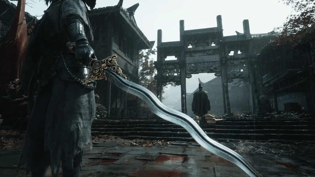 Phantom Blade Zero key art shows a swordsman at a rain-darkened stone gate with red leaves and mountains beyond.