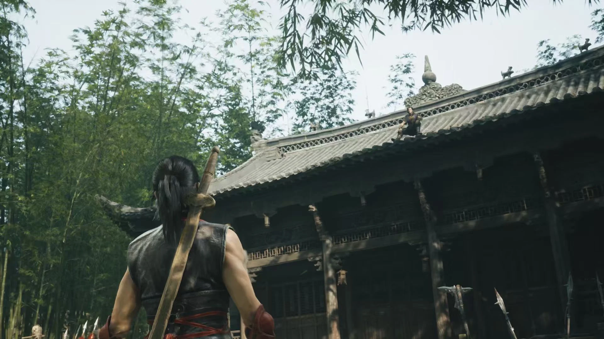 The Phantom Blade Zero protagonist stands before a bamboo-lined compound with tiled roofs and a large suspended bell.