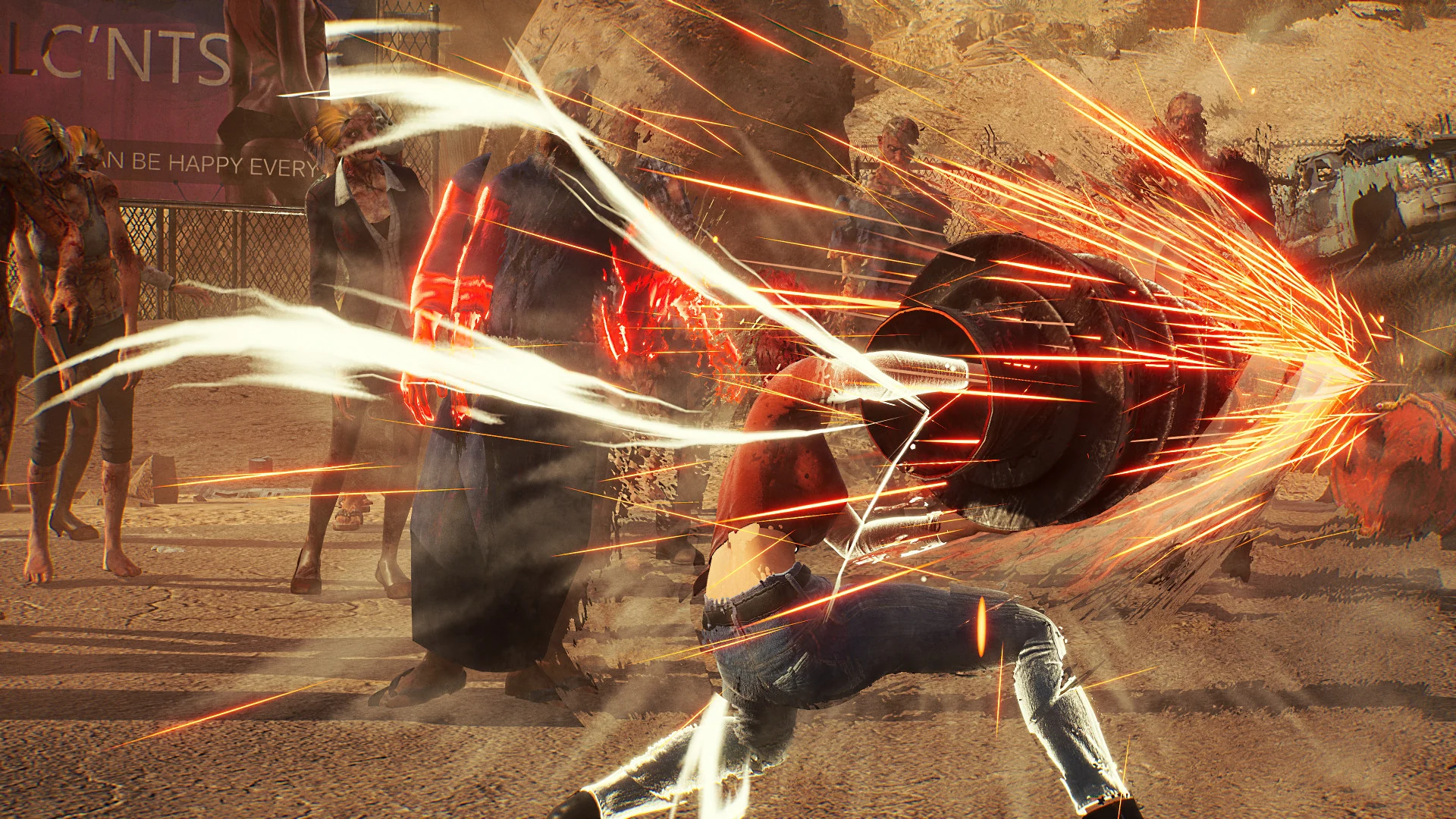 Choko strikes an armored enemy with a drill-like arm as orange sparks cross a bright Showa American Story combat scene.