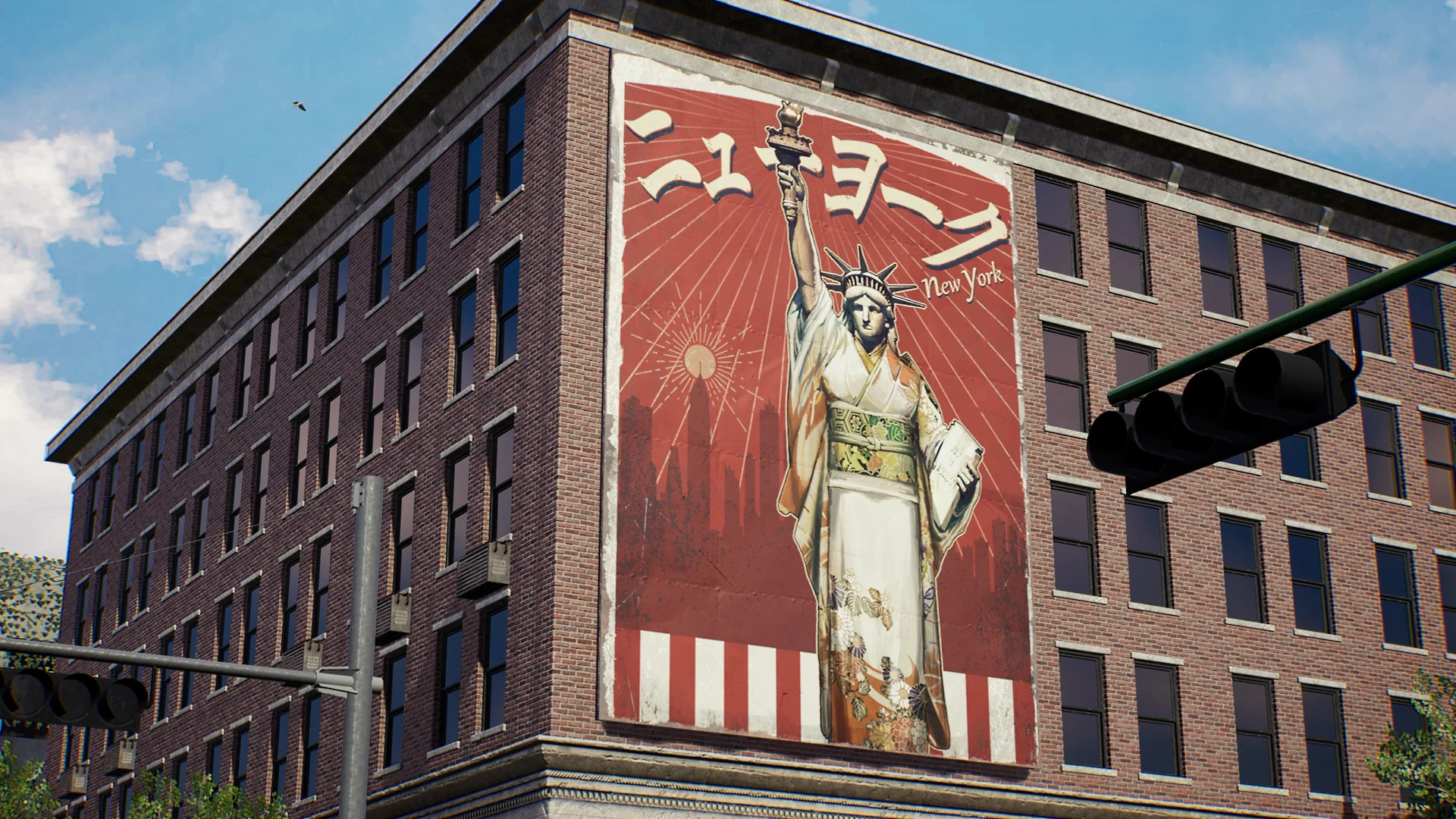 A Statue of Liberty mural wears a kimono on a New York building in a current Showa American Story Steam screenshot.