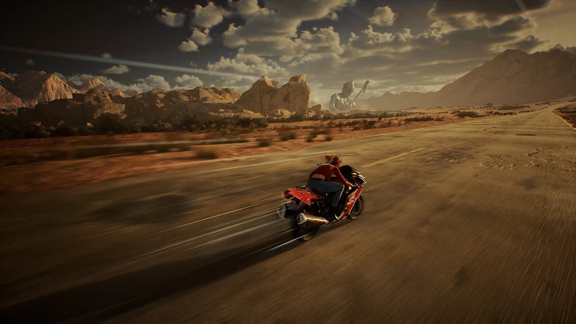 Choko rides a motorcycle across an open desert road toward a colossal roadside statue in a current Showa American Story Steam screenshot.