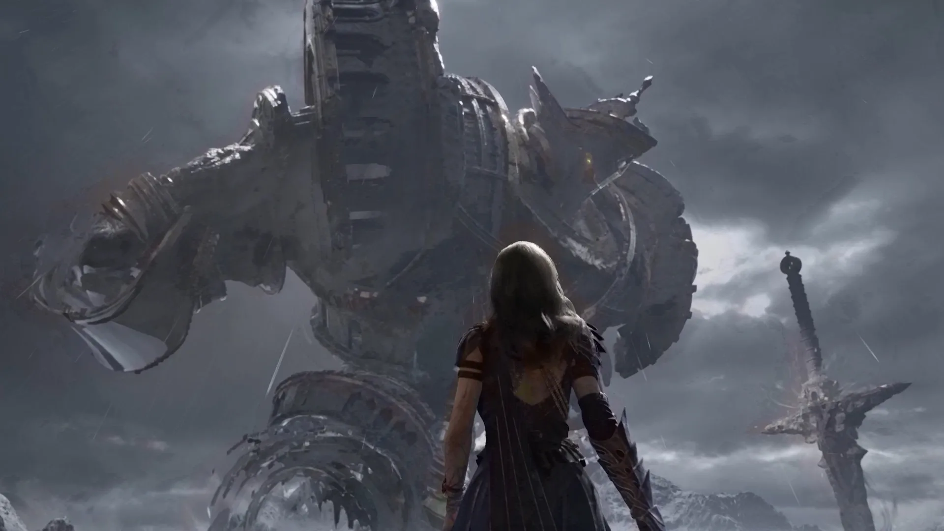 Gwendolyn faces a monumental armored Colossal Knight amid vertical ruins in an official Tides of Annihilation scene.