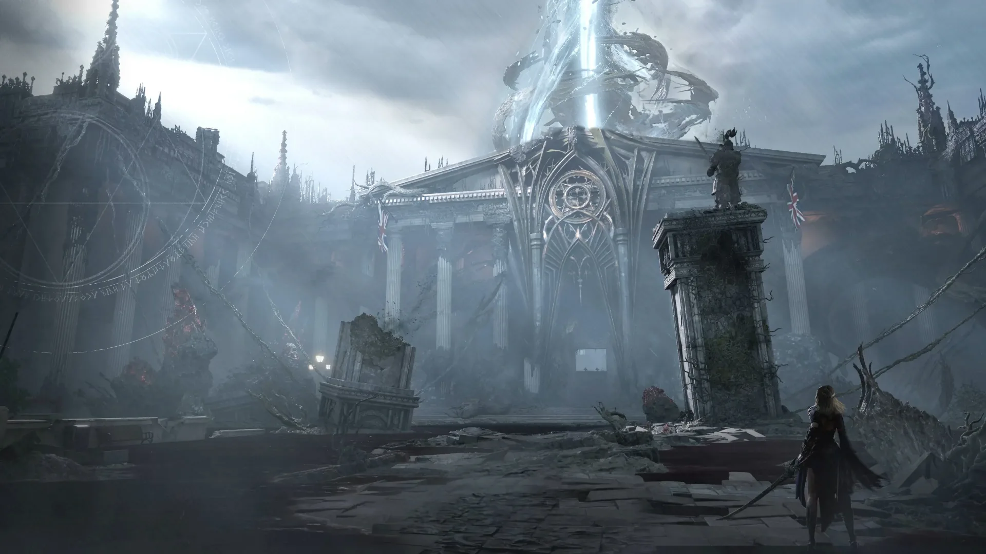 A wide official Tides of Annihilation scene shows a fractured London skyline suspended across glowing blue ruins.