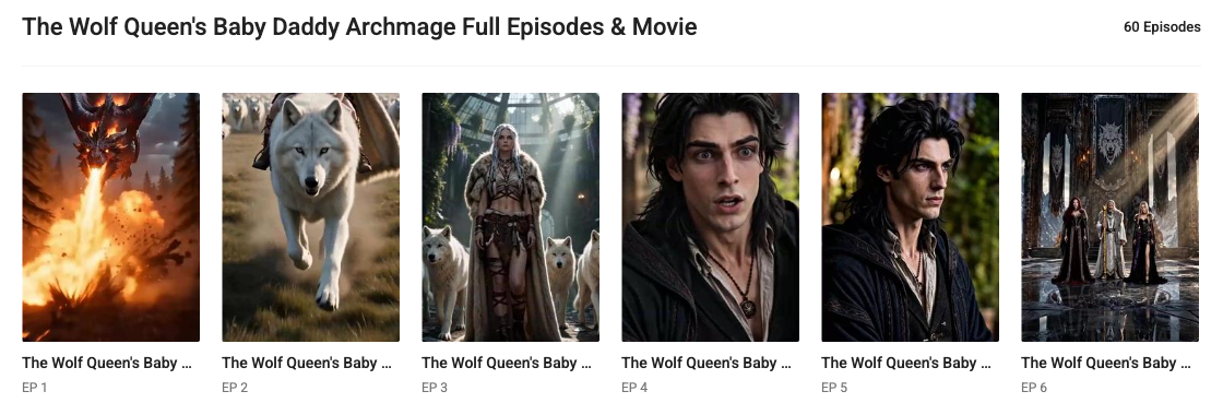 Historical August 31, 2026 GoodShort screenshot naming The Wolf Queen's Baby Daddy Archmage and showing 60 Episodes with the first six episode links; it does not describe the current page display.