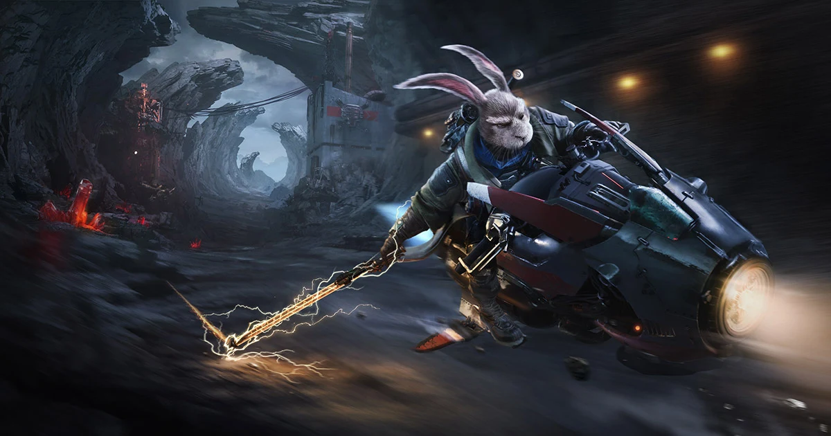 Rayton rides a machine through a dark industrial canyon in official ZOOPUNK website artwork.