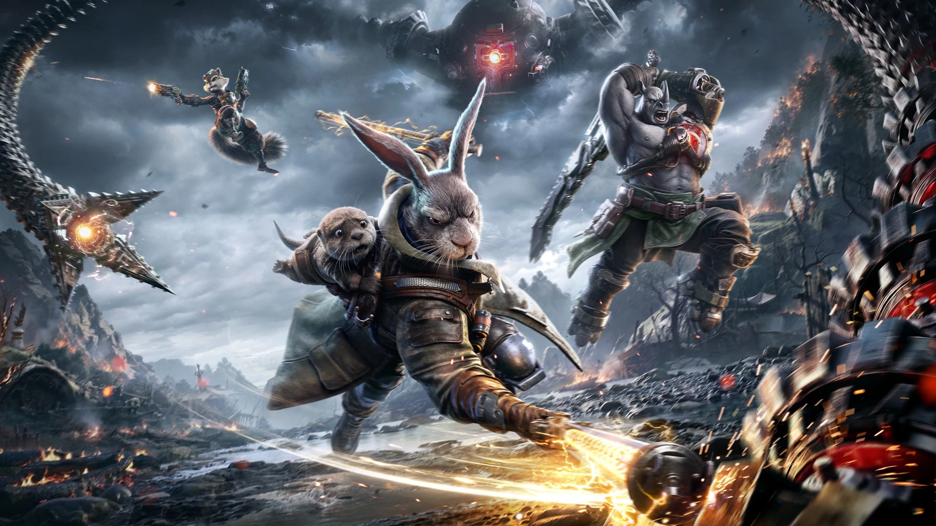 Rayton, Trixie and Braton charge through a machine-filled battlefield in current official ZOOPUNK Xbox artwork.