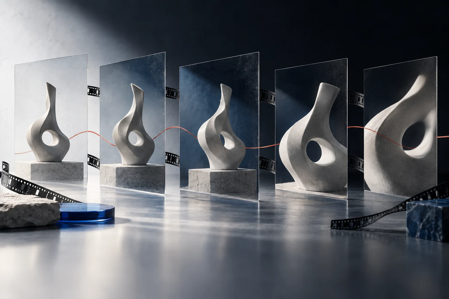 Five glass frames repeat the same porcelain sculpture while its crop, angle and light change across a film sequence.