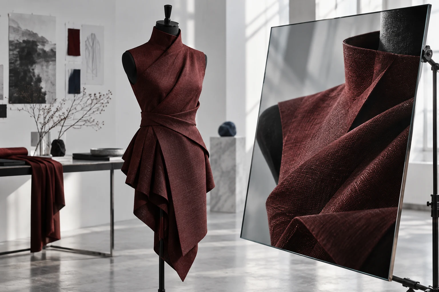 A burgundy textile study on a dress form is seen directly and again as a close camera-framed view in glass.