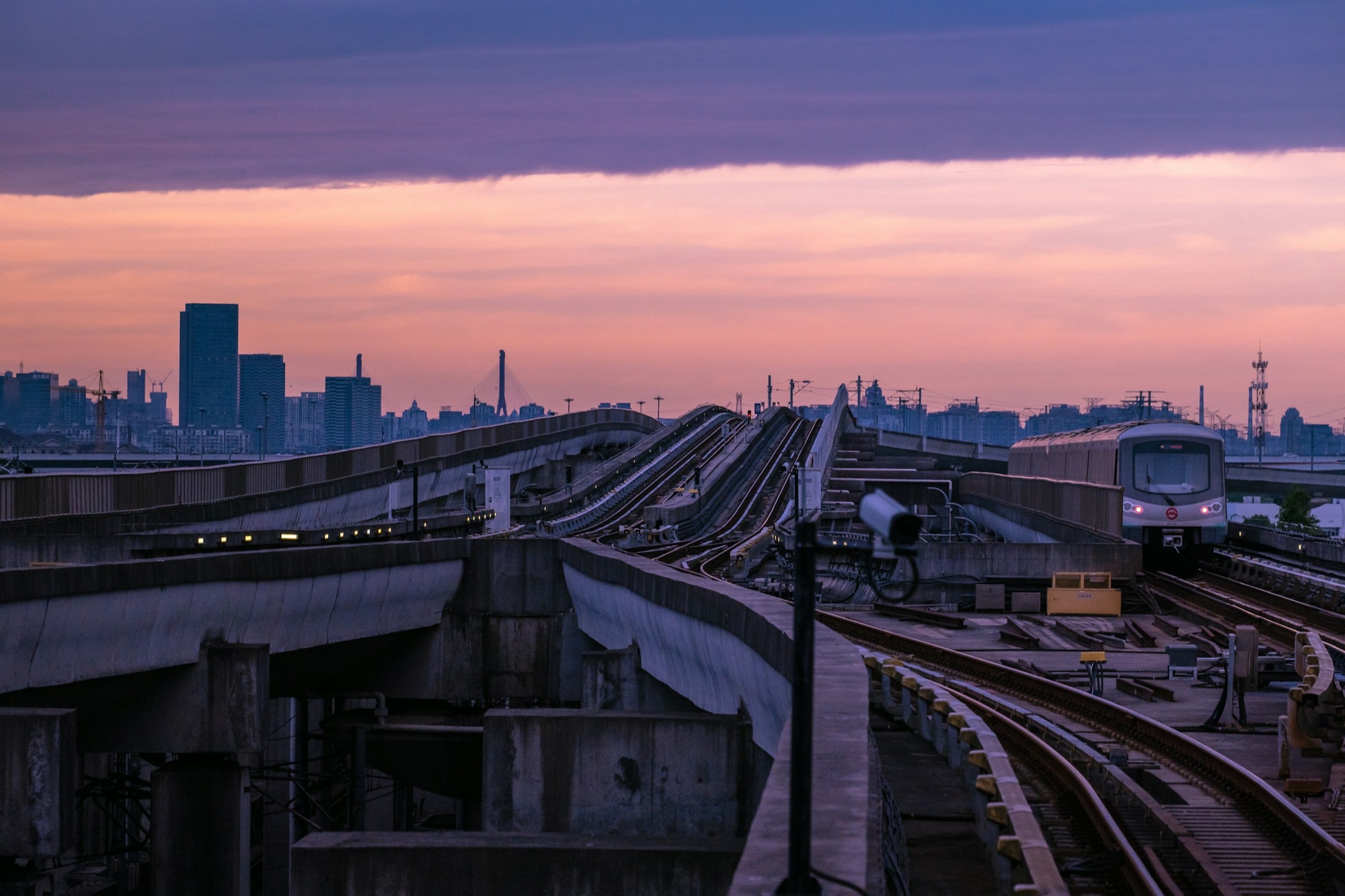 A Shanghai Line 16 metro train approaches on elevated tracks after rain at blue hour.
