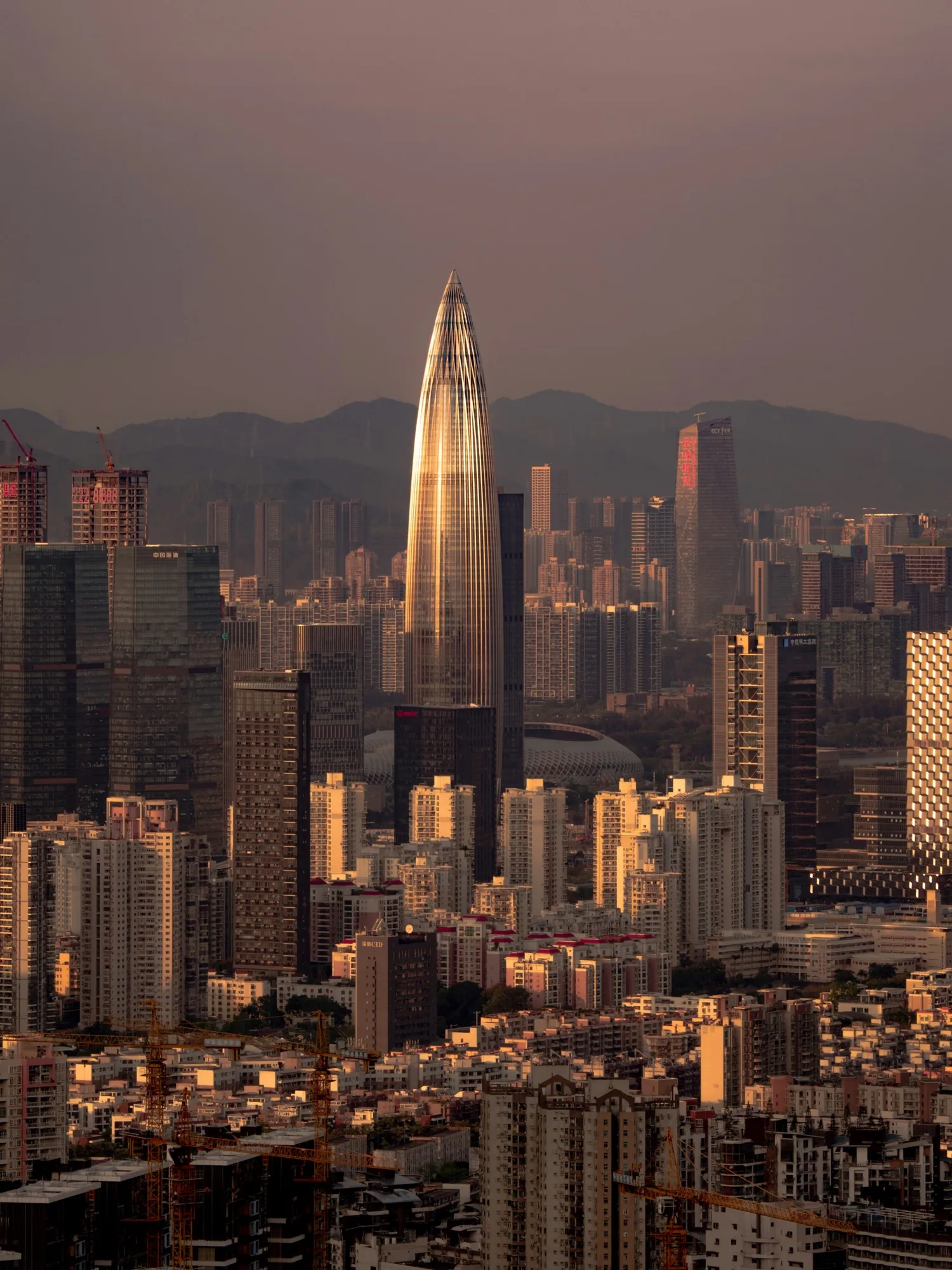 Shenzhen's dense city center at dusk, with China Resources Tower catching the last light against the mountains.
