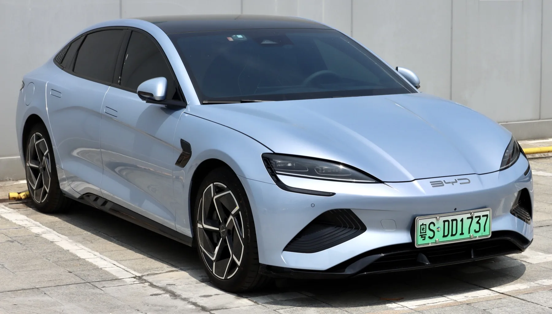 A light-blue BYD Seal electric sedan parked in Luohu District, Shenzhen.