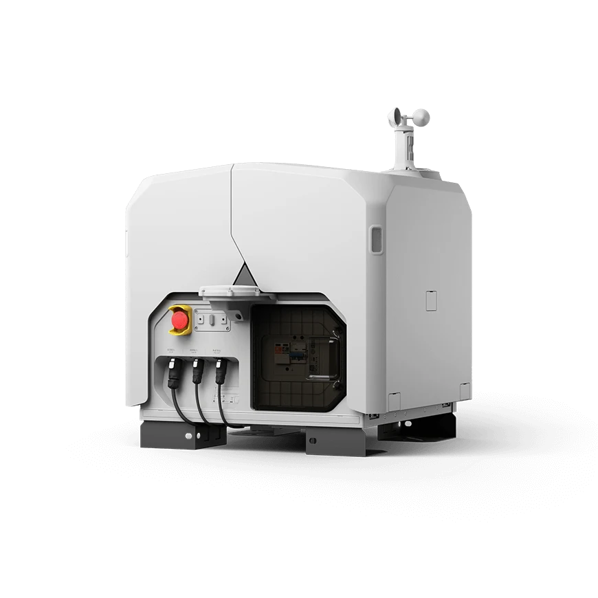 Official DJI product image of the Dock 3 automated drone docking station with its service panel open.