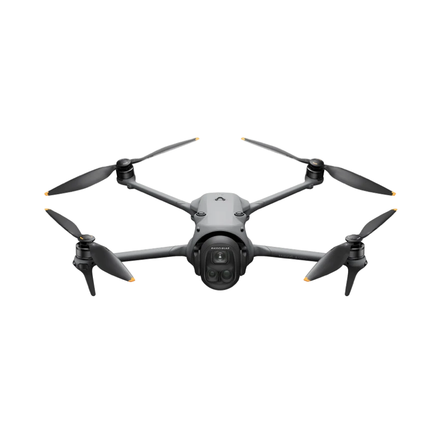 Official DJI product image of a compact folding Mavic 4 Pro camera drone viewed from the front with its arms extended.