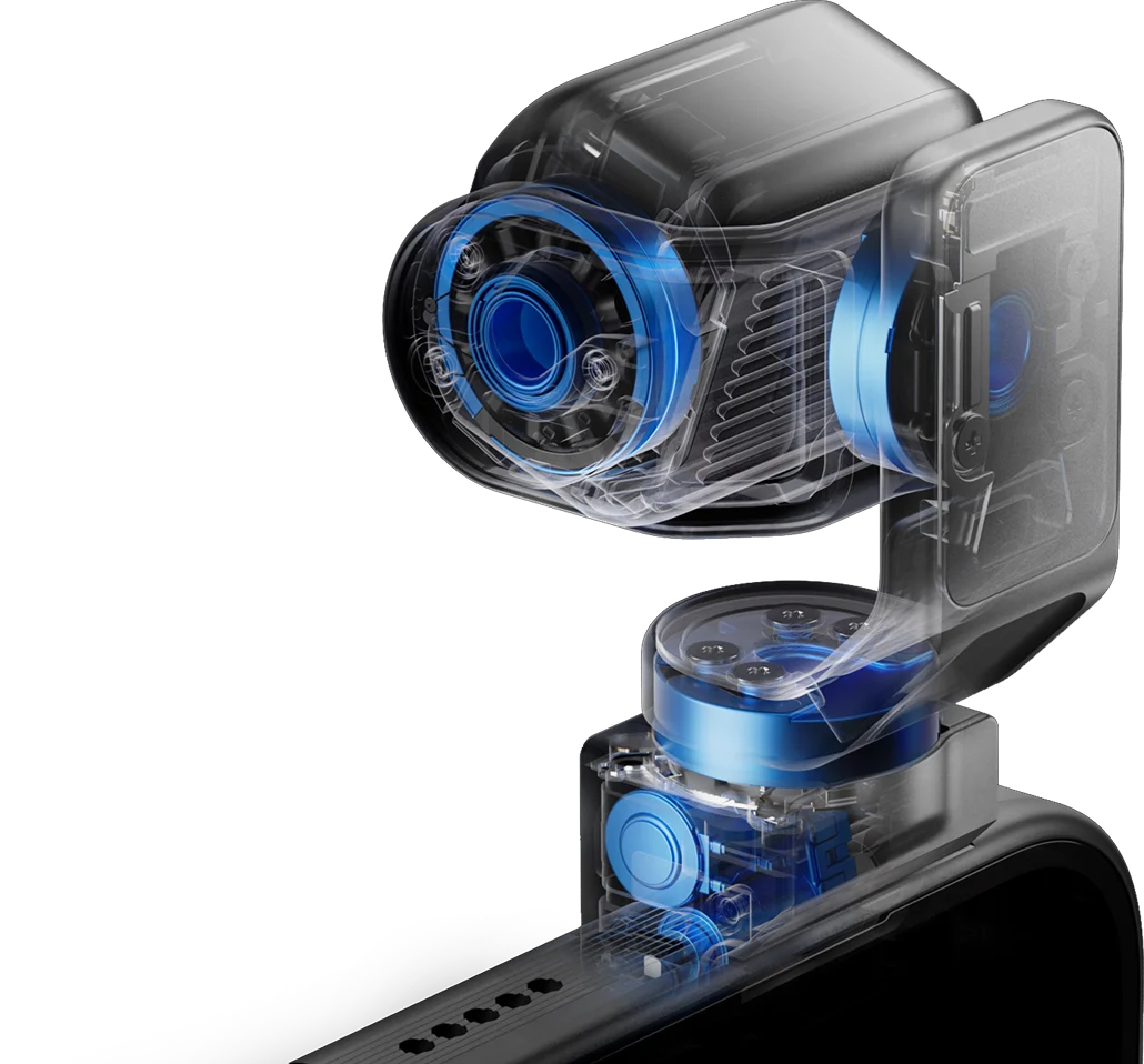 A transparent technical rendering shows the motors, rotating joints and camera module inside the HONOR Robot Phone gimbal mechanism.