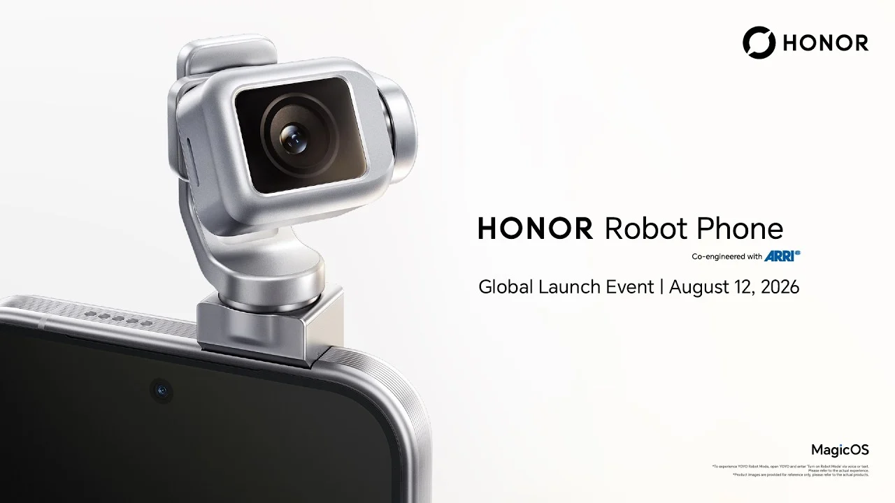 The official HONOR Robot Phone launch poster shows the raised silver gimbal camera and the August 12, 2026 event date.