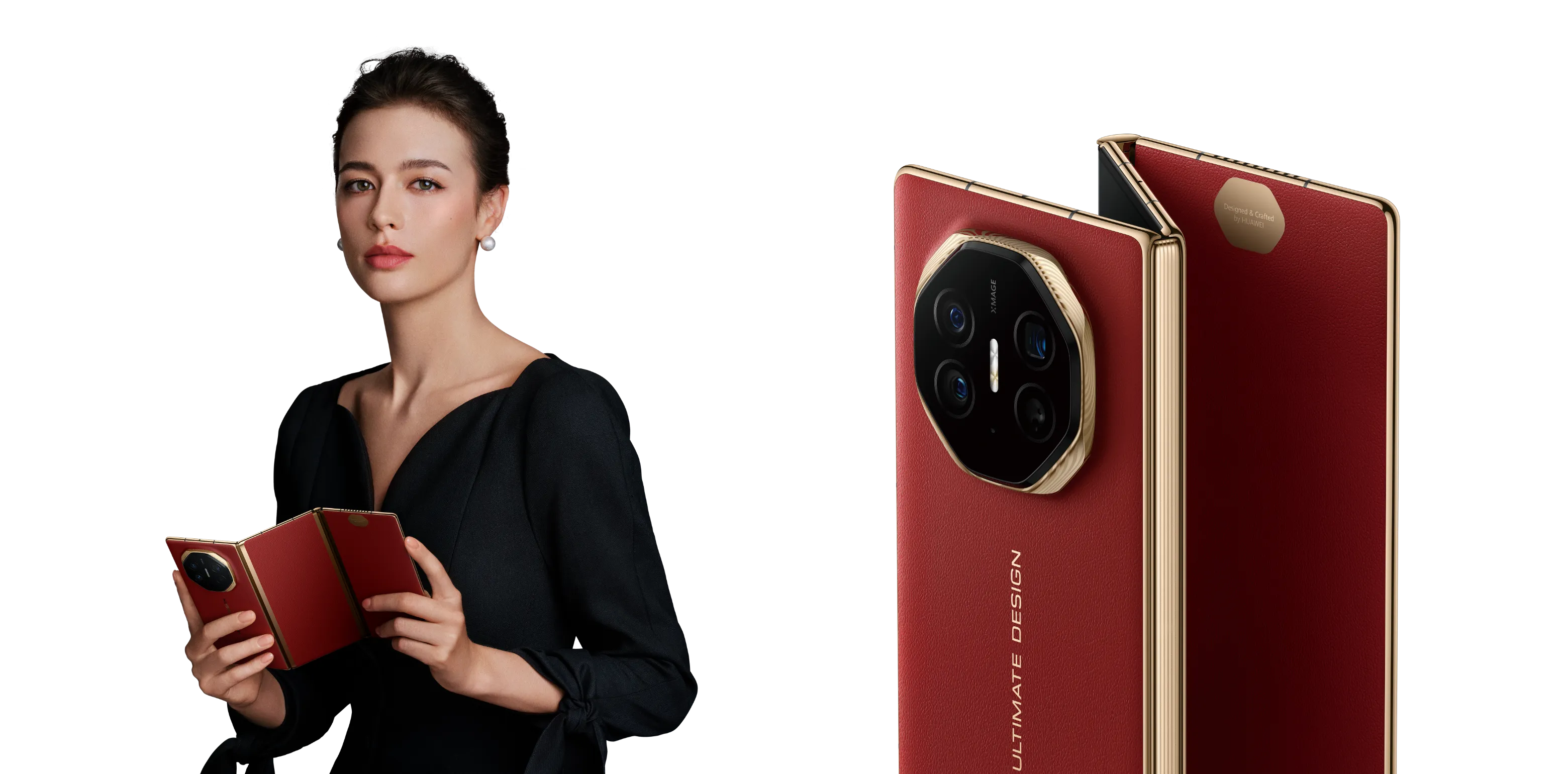 Huawei's red Mate XT shown partly unfolded beside a person holding the tri-fold phone.