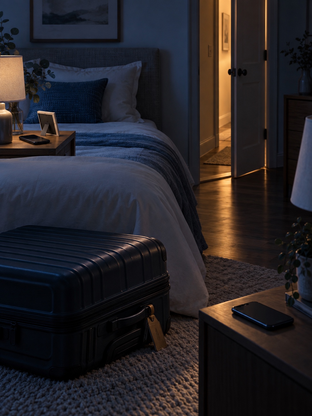 An editorial still life of a guest room, closed suitcase, face-down phones and an open doorway at dusk.