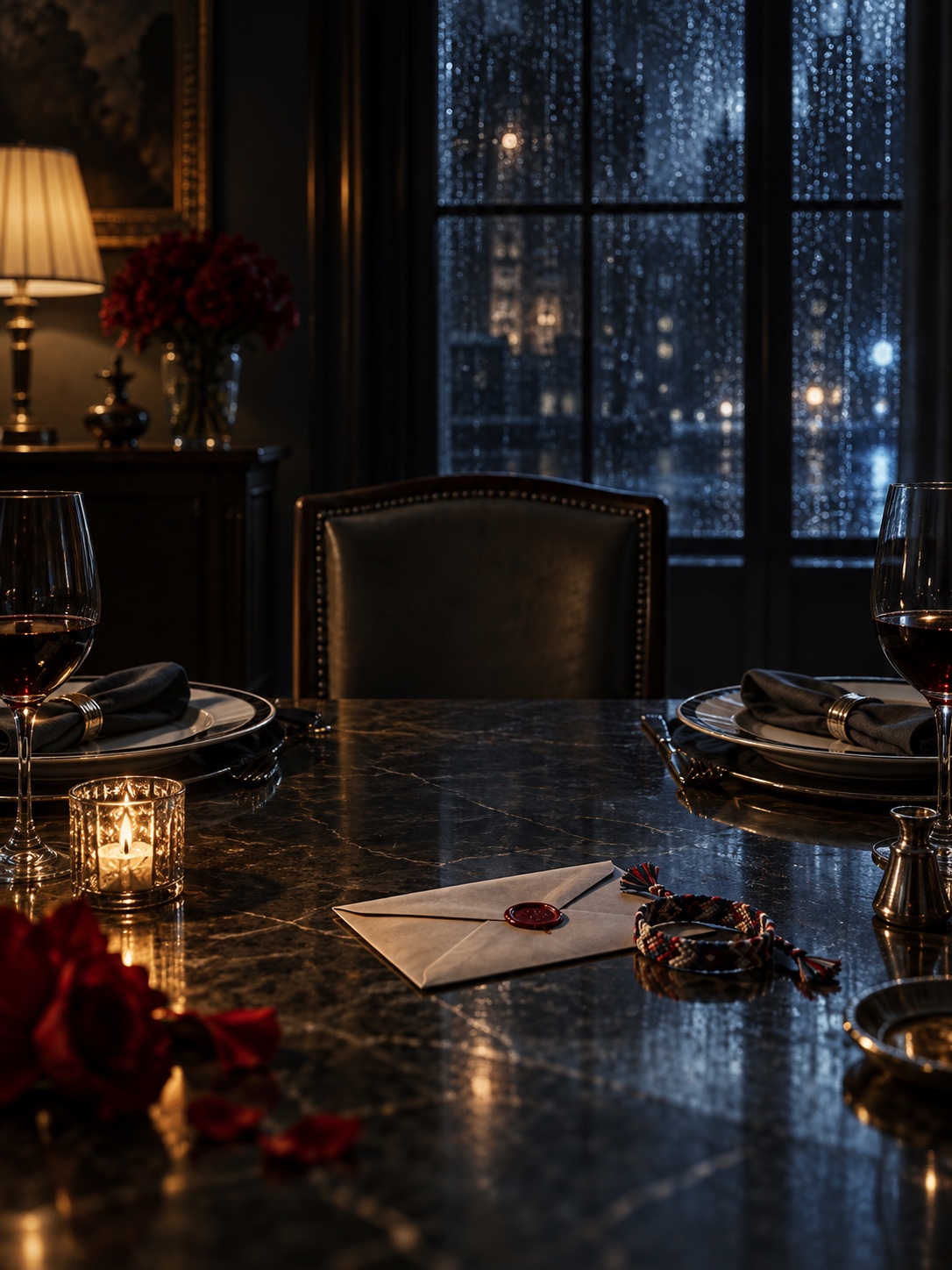 An editorial still life of an empty chair, a sealed envelope and a friendship bracelet at a rain-darkened dinner table.