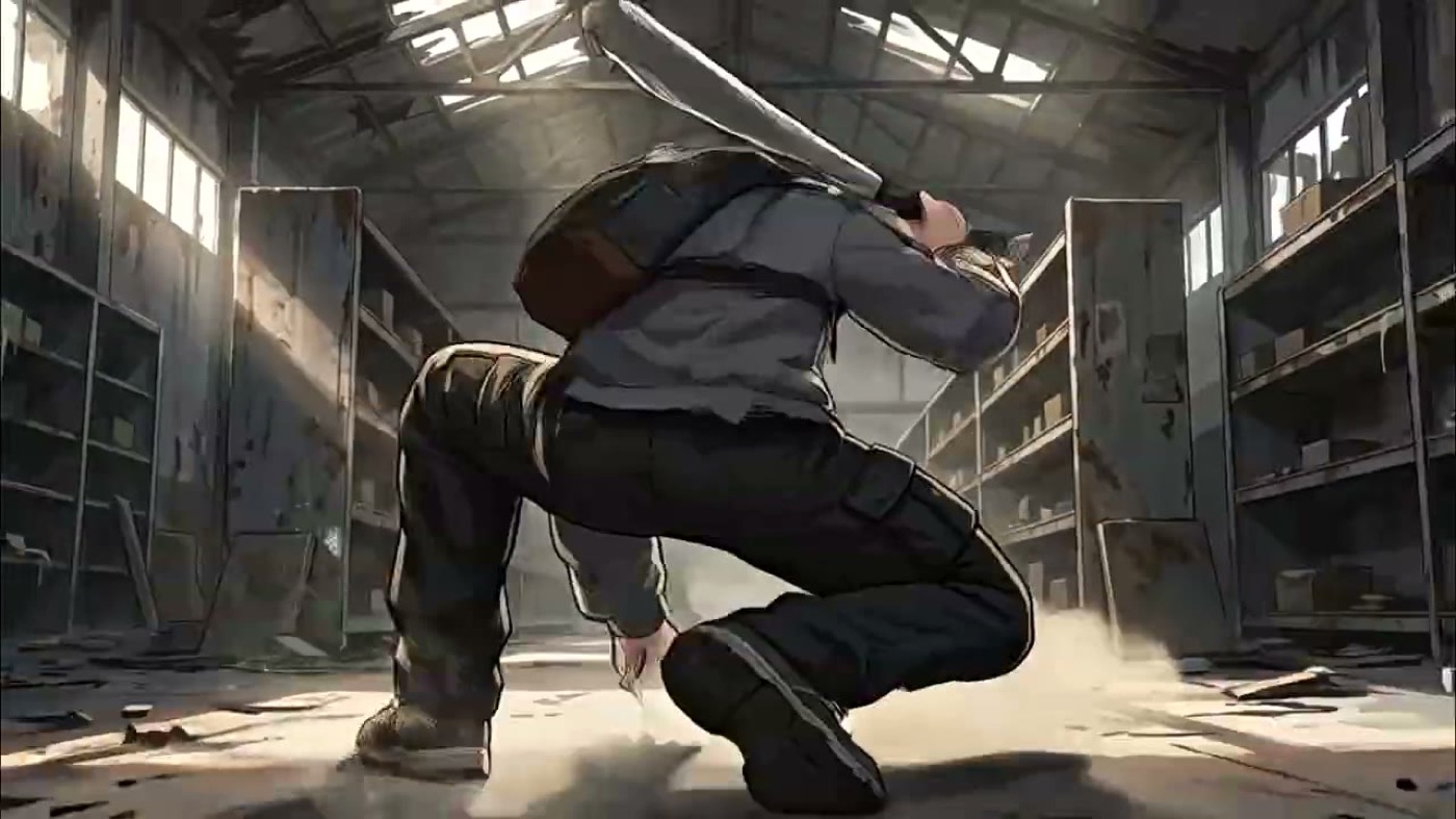 An official motion-comic episode frame shows a protagonist twisting away from an attacker in a damaged warehouse.