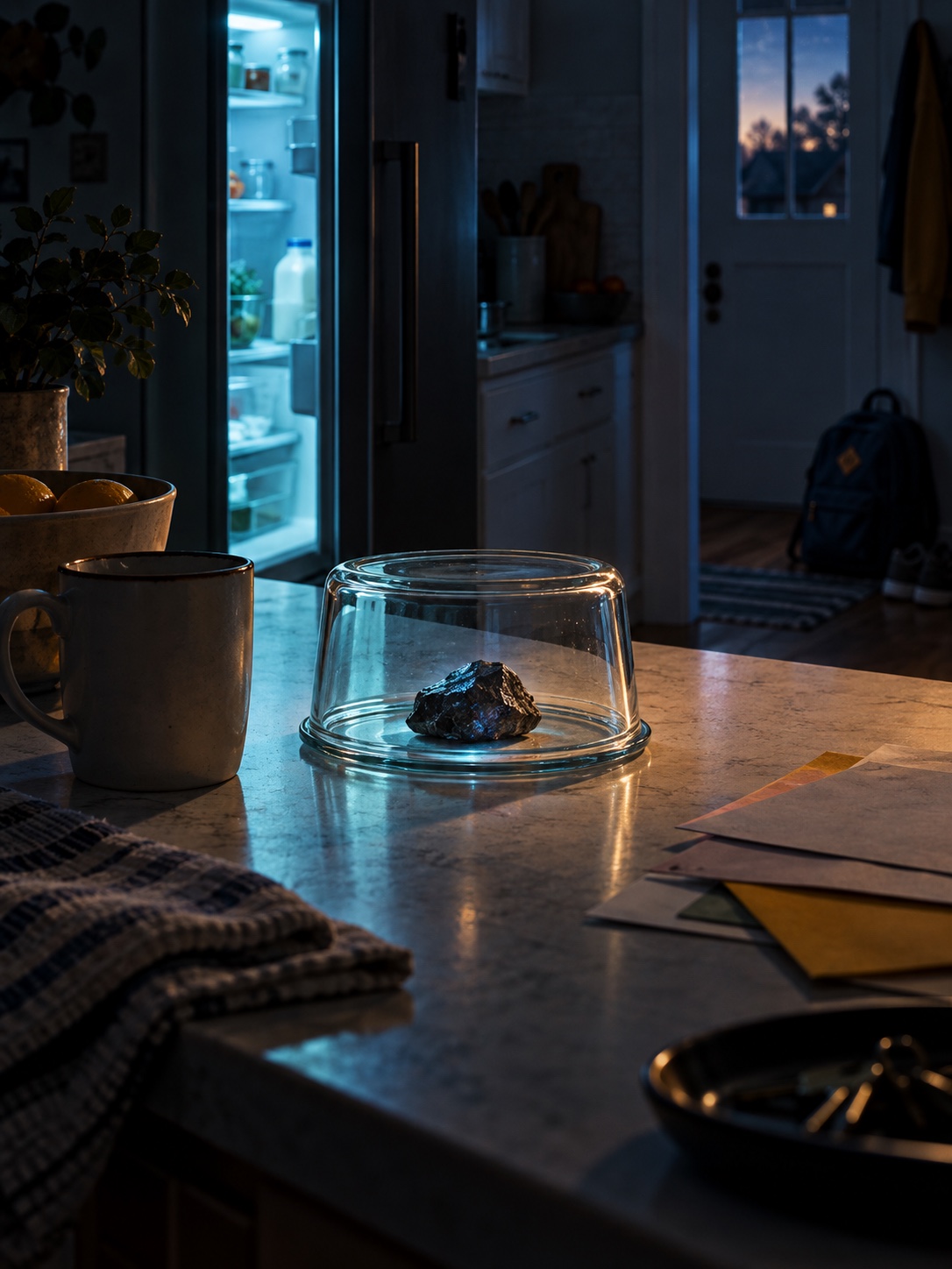 An editorial still life of an ordinary kitchen with an unusual stone under glass before dawn.