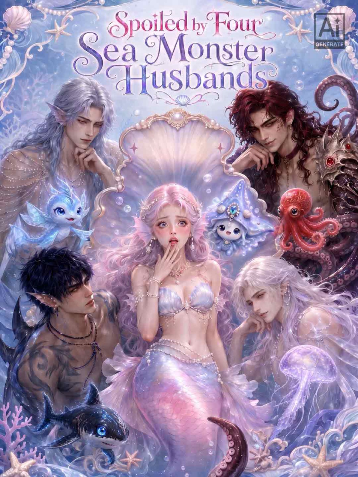 ReelShort's official vertical title artwork for Spoiled by Four Sea Monster Husbands shows Alice surrounded by four aquatic fantasy men.