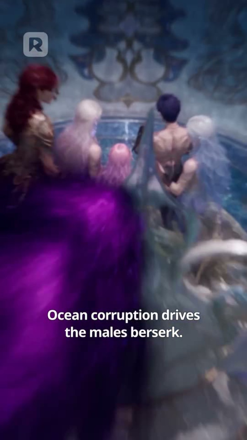 An official first-episode frame shows a woman facing four aquatic fantasy men inside a blue chamber while purple corruption enters the foreground.